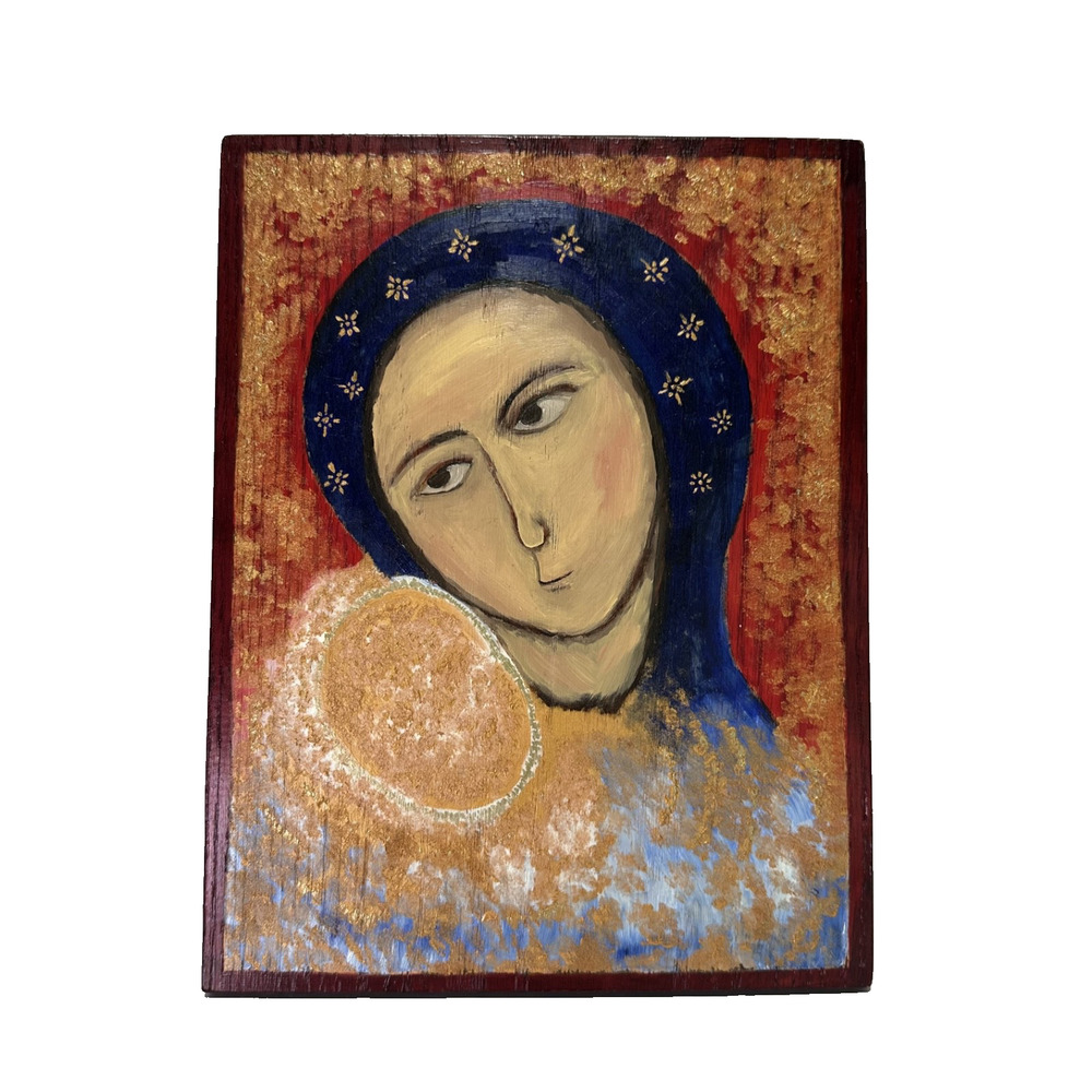 Hand Painted Madonna and Child on Wood with Egg Tempera & Gold Leaf, COA, Seal